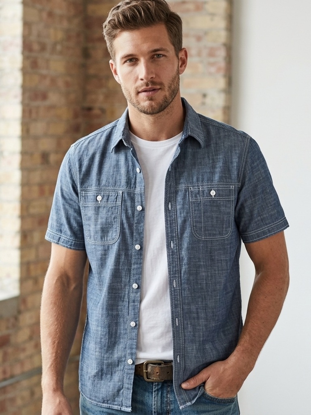 Hudson & Barrow Men's M Blue Button Down Shirt Short Sleeve Casual